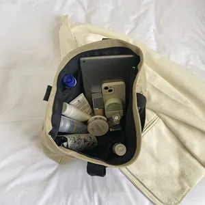 Grand sac fourre-tout en toile beige minimaliste pour ordinateur et effets personnels