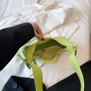 Minimalist bright green PU leather underarm bag with adjustable strap for women