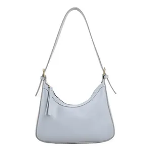 Minimalist light blue PU leather hobo shoulder bag with crescent shape and zip closure