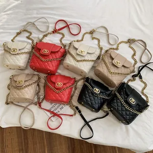 Quilted bucket bags with chain straps in multiple colors showing lock closure and design