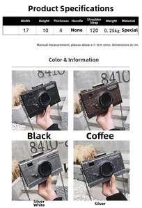 Detailed size chart and multi-color creative chain camera bag with sequin texture