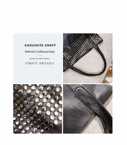 Dettaglio della borsa tote in pelle PU nera con rivetti metallici argentati in stile punk
