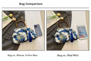Size comparison of the crane print bag with bamboo handle against iPad mini and iPhone