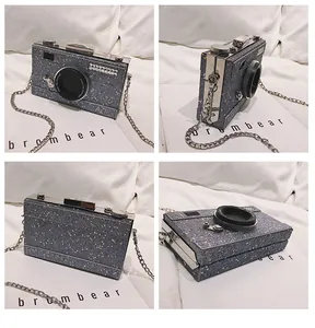 Detailed multi-angle view of a sequined camera-shaped chain bag with metallic accents