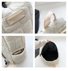 Detailed views of beige quilted backpack showing stitching, handle, side pocket and interior