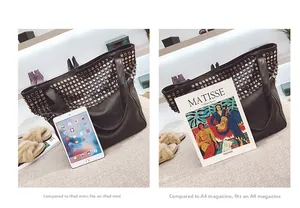Dettaglio borsa tote punk nera che mostra la capacità con rivista A4 e iPad mini