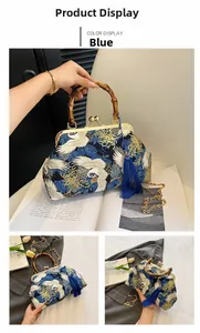Detail of blue brocade handbag with crane embroidery, bamboo handle and silk tassel