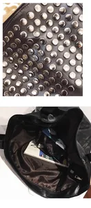 Dettaglio dei rivetti in metallo argentato e interno spazioso della borsa tote punk