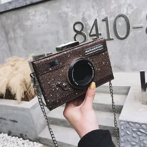 Vintage camera-shaped crossbody bag with brown sequins and a stylish metal chain strap