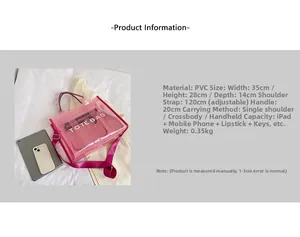 Sac fourre-tout rose en PVC transparent avec lettrage blanc et bandoulière réglable