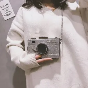 Creative silver sequin camera-shaped crossbody bag with a slim metal chain strap