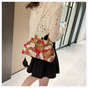 Chinese retro handtas met bamboe handvat, kraanvogelprint en gouden ketting