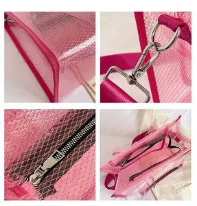 Detailed views of pink transparent PVC tote bag featuring grid texture and silver hardware