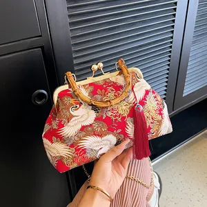 Vintage Chinese Stijl Kraanvogel Bloem Print Handtas Met Bamboe Handvat Kwastje Metalen Ketting Schoudertas Voor Vrouwen