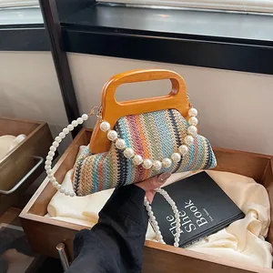 Women Woven Straw Handbag With Wooden Handle Artificial Pearl Chain Strap Bohemian Striped Summer Beach Crossbody Bag For Vacation