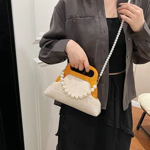 Chic beige woven handbag with wooden handle and pearl beads chain for women