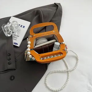 Striped woven handbag with vintage wooden handles and pearl chain strap for summer style