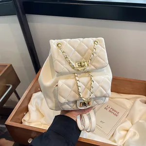 Women Quilted Chain Backpack Elegant PU Leather Rhombic Pattern Mini Rucksack Fashion Daypack Travel Shoulder Bag For Girls