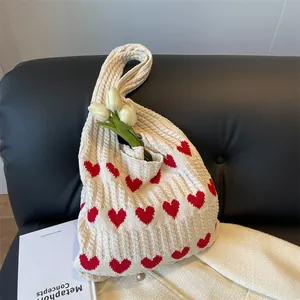 Women Knitted Heart Pattern Shoulder Bag Large Capacity Cable Knit Underarm Tote Bag Sweet Casual Crochet Handbag For Daily
