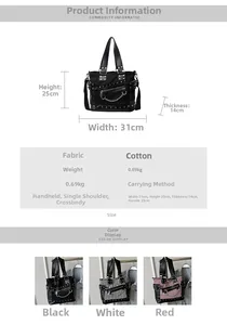 Detailed size specifications and material view of the punk tote bag with metal rivets