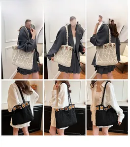 Detailed views of crochet knit tote bag featuring sunflower patterns and hollow-out weave
