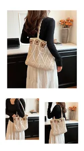 Detail of hand-woven crochet tote bag with brown sunflower patterns and mesh texture