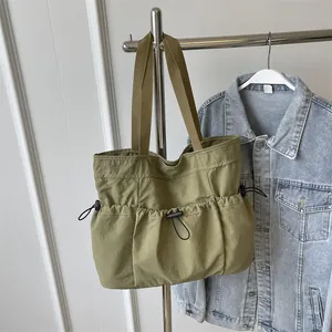 Dames Grote Capaciteit Gewassen Doek Draagtas Geplooid Casual Schoudertas Effen Kleur Pendelen Handtas Zijwaartse Trekkoord Zakken