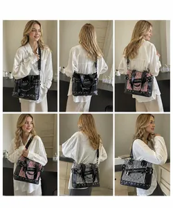 Collage of punk style tote bags with silver studs, metal chains, and striped patterns