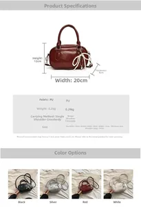 Detailed size and color specs for PU leather handbag with pearl bow charm and zipper