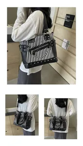 Three views of a punk style black and white striped tote bag with studs and metal chains