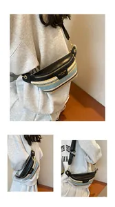 Detail of woven crossbody bag with colorful stripes and adjustable black shoulder strap