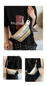 Detail of colorful woven chest bag with adjustable strap and golden metal zipper closure