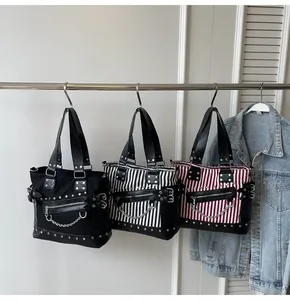 Detailed comparison of punk tote bags with rivets, zippers and metal chains in three colors
