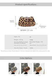 Detailed size chart and specifications for the leopard print evening bag with dimensions