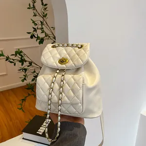 Women Quilted Rhombic Backpack Elegant PU Leather Bucket Bag With Chain Strap Metal Turn Lock Closure Casual Fashion Rucksack
