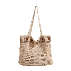 Bohemian crochet knit tote bag with floral patterns and hollow mesh for summer beach style