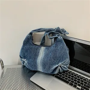 Women Vintage Denim Pleated Shoulder Bag Casual Washed Denim Underarm Bag With Knotted Strap Fashion Hobo Bag For Daily