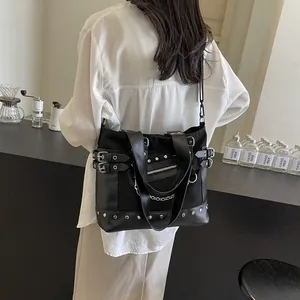 Large black canvas punk tote bag with silver studs and chain straps for women