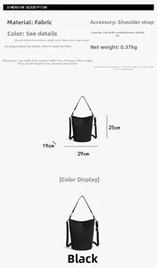Detailed size guide of black bucket bag showing dimensions 29x25x19cm and handle length