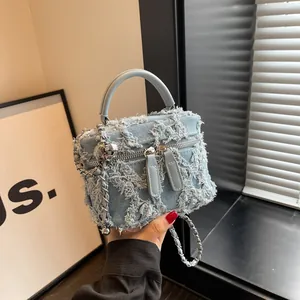 2024 Women Vintage Denim Frayed Fringe Bucket Bag Luxury Quilted Chain Crossbody Bag With Adjustable Metal Ball Handbag