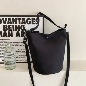 Women Korean Fashion Nylon Bucket Bag Minimalist Solid Color Large Capacity Shoulder Crossbody Bag With Adjustable Strap