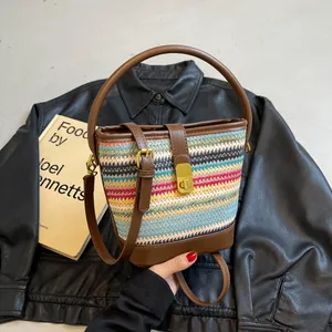 Handmade Rainbow Striped Straw Woven Bucket Bag For Women Vintage PU Leather Patchwork Handbag With Metal Lock Summer Beach Vacation Shoulder Bag