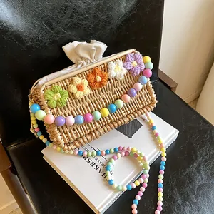 Handmade Woven Straw Crossbody Bag For Women Pastoral Floral Summer Beach Bag With Colorful Bead Artificial Pearl Strap Drawstring Liner