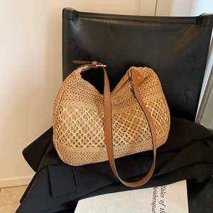 Women Fashion Straw Woven Tote Bag Large Capacity Hollow Out Shoulder Bag With PU Leather Strap Summer Beach Vacation Handbag