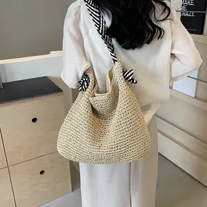 Handmade straw woven tote bag with navy stripe ribbon strap and large capacity