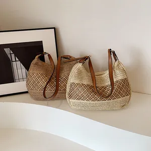 Minimalist straw hobo tote bags with leather straps and hollow weave pattern