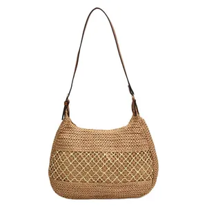 Large bohemian straw tote bag with woven diamond pattern and slim shoulder strap