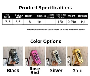 Size chart showing 7.5x18x10cm dimensions for a creative phone-shaped crossbody bag