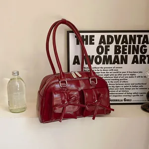 Women Shiny PU Leather Shoulder Bag Retro Balletcore Bowknot Boston Bag Large Capacity Underarm Bag Daily Purse Handbag