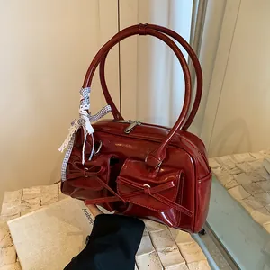 Vintage burgundy PU leather bowling bag with bow pockets and lace ribbon detail